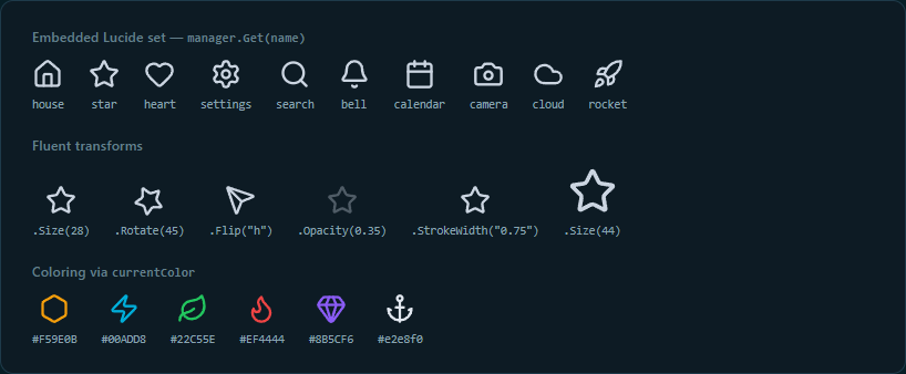 Icons rendered by go-swarm-icons: the embedded Lucide set, fluent transforms, and coloring via currentColor