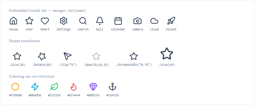 Icons rendered by go-swarm-icons: the embedded Lucide set, fluent transforms, and coloring via currentColor